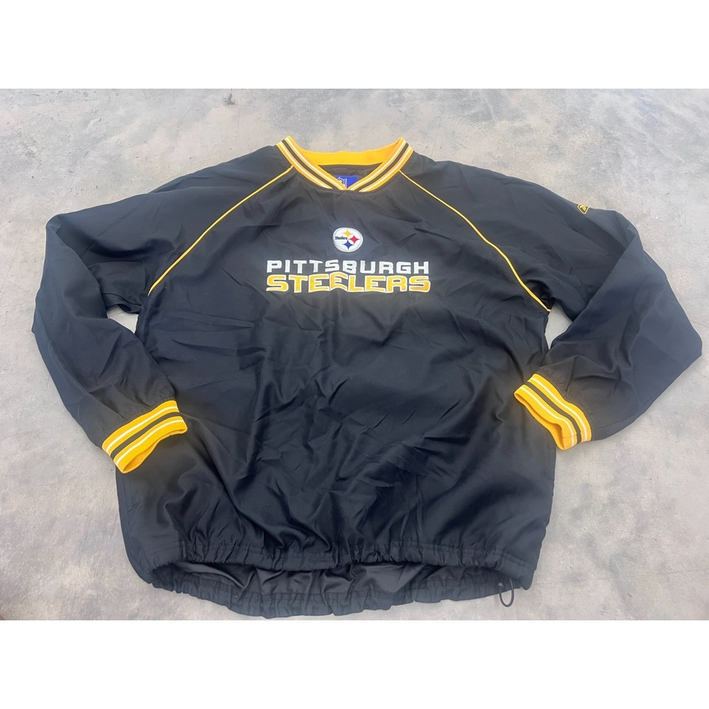 NFL Reebok Pittsburgh Steelers Windbreaker Jacket Mens Large Black Raglan Sleeve